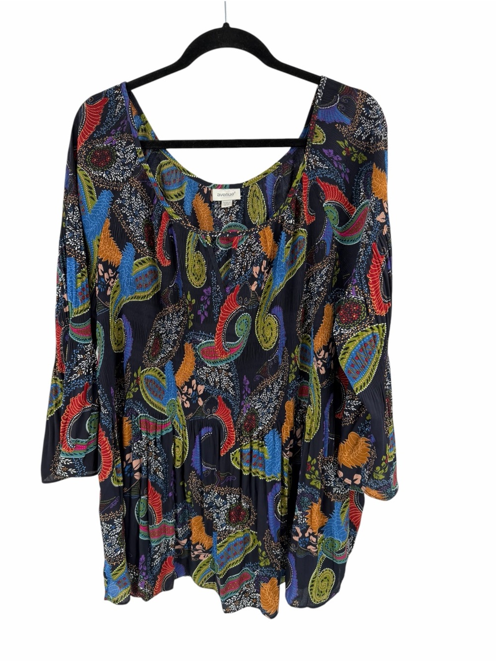 Avenue Multicolor Paisley Scoop Neck Tunic Top 3/4 Sleeve Pleated Details 26/28